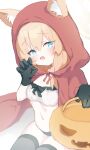  1girl absurdres animal_ear_fluff animal_ears black_gloves black_panties black_thighhighs blonde_hair blue_archive blue_eyes breasts bucket cloak cosplay fox_ears gloves halloween_bucket highres holding holding_bucket little_red_riding_hood_(grimm) little_red_riding_hood_(grimm)_(cosplay) long_hair looking_at_viewer mari_(blue_archive) meng_yin navel open_mouth panties red_cloak small_breasts solo thighhighs underwear white_background 