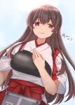  1girl akagi_(kancolle) brown_eyes brown_hair closed_mouth commentary_request day hakama hand_on_own_chest hand_on_own_hip highres japanese_clothes kantai_collection long_hair looking_at_viewer muneate outdoors red_hakama rin_(rin_niji) solo sun tasuki twitter_username upper_body 