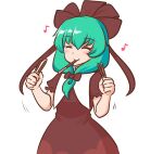  1girl ^v^ eating food green_hair highres holding holding_food kagiyama_hina mizusoba musical_note pocky pocky_day spoken_musical_note touhou 