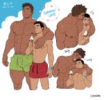  &gt;_&lt; 2boys abs arm_around_neck arm_hair bara beard blush body_hair chest_hair collage couple cropped_torso dark-skinned_male dark_skin facial_hair from_above green_male_swimwear grey_male_underwear hairy heads_together highres holding_ice_cream interracial ken_(suyohara) kuma_(suyohara) large_pectorals leg_hair long_sideburns male_focus male_swimwear male_underwear male_underwear_peek mature_male motion_lines multiple_boys muscular muscular_male navel_hair nipples original pectorals short_hair sideburns size_difference stomach stubble suyohara swim_trunks thick_eyebrows thick_thighs thighs topless_male underwear yaoi 
