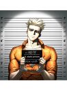  1boy blonde_hair bound bound_wrists character_name closed_mouth collarbone cuffs frown gaeha_is handcuffs hands_up head_tilt highres holding korean_commentary long_sleeves looking_at_viewer male_focus millions_knives mole mole_under_eye mugshot muscular muscular_male orange_shirt prison_clothes shirt skin_tight sleeves_rolled_up solo spiked_hair tank_top trigun trigun_stampede upper_body white_hair 