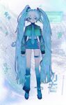  1girl abstract_background alternate_costume aqua_jacket arms_at_sides asymmetrical_legwear blue_footwear blue_hair blue_necktie blue_shirt blue_skirt character_name closed_mouth cropped_jacket cursor full_body gears green_eyes grey_background hair_between_eyes hair_ornament hatsune_miku headset highres jacket jpeg_artifacts light_blue_hair long_hair long_sleeves looking_at_viewer mawarusanso miniskirt necktie open_clothes open_jacket shirt single_loose_sock skirt solo standing straight-on thigh_strap twintails very_long_hair vocaloid window_(computing) 