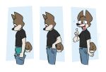  2023 anthro bottomwear brown_body brown_fur bulge canid canine canis chanderdeerfox clothed clothing denim denim_clothing digital_media_(artwork) domestic_dog dressing eyewear fully_clothed fur gesture glasses hi_res humor jeans male mammal meme open_mouth open_smile pants putting_on_clothes sequence shirt smile solo tan_body tan_fur teeth thumbs_up tight_pants_(meme) tongue topwear underwear 