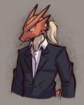  advos anthro avian bird black_clothing black_suit black_topwear blaziken blonde_hair blue_eyes cigarette cigarette_in_mouth clothing digital_media_(artwork) frown fur generation_3_pokemon grey_background hair hi_res long_hair male nintendo object_in_mouth pokemon pokemon_(species) ponytail red_body shirt simple_background smoking solo suit tail topwear white_clothing white_topwear white_undershirt 