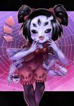  1girl absurdres arthropod_girl black_hair bow bowtie colored_skin cup extra_arms extra_eyes fangs hair_bow hands_on_own_hips hands_up highres looking_at_viewer monster_girl muffet notice_lines onimiere open_mouth purple_skin red_bow red_bowtie short_hair silk smile solo spider_girl spider_web teacup two_side_up undertale 