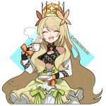  1girl artist_name blonde_hair bow butterfly_hair_ornament celine_(fire_emblem) chocojax closed_eyes crown cup dress facing_viewer fire_emblem fire_emblem_engage flower green_bow hair_flower hair_ornament highres holding holding_cup holding_plate long_hair open_mouth orange_bow patreon_logo plate simple_background solo teacup teeth twitch_logo twitter_logo upper_teeth_only very_long_hair wrist_bow 