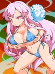  1girl bikini blue_bikini breasts breasts_squeezed_together cleavage commission dancing expressionless grabbing_own_breast hata_no_kokoro heart hyottoko_mask large_breasts long_hair looking_at_viewer mask micro_bikini motion_lines navel pink_eyes pink_hair side-tie_bikini_bottom skeb_commission solo sound_effects swimsuit touhou very_long_hair yogeeta_(momikori) 
