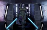  2021 anthro biglovealicia blue_body breasts cel_shading clothing detailed_background digital_media_(artwork) digitigrade dragon ears_up female fish hybrid lightsaber looking_at_viewer marine melee_weapon muscular muscular_female shaded shark shark_tail signature solo star_wars walking weapon 