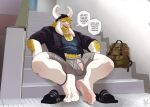  aged_down anthro arm_hair asgore_dreemurr backpack beanie beard blonde_hair bodily_fluids body_hair boss_monster bottomwear bovid bulge caprine chest_hair clothing dialogue facial_hair feet flannel flip_flops flufflecraft foot_focus footwear frat_boy fur genital_fluids genitals goat hair hair_over_eyes hat headgear headwear horn humanoid_feet male mammal muscular muscular_anthro muscular_male mustache penis penis_base plantigrade precum precum_through_clothing pubes sandals shirt shorts solo speech_bubble stairway tank_top topwear undertale undertale_(series) wet wet_clothing white_body white_fur 