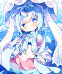  1girl :o absurdres artist_logo artist_name blue_background blue_bra blue_eyes blue_hair blue_theme blush blush_stickers bra bracelet crossed_bangs diamond_(shape) dot_nose flat_chest hair_between_eyes highres holding holding_hair jacket jellyfish jellyfish_girl jewelry light_blue_hair long_hair looking_at_viewer midriff monster_girl navel open_clothes open_jacket original scarf see-through see-through_jacket solo tentacle_hair uenomigi underwear upper_body very_long_hair 