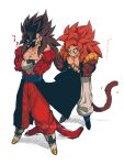  absurdres biceps black_wristband blue_eyes blue_sash body_fur closed_mouth dragon_ball dragon_ball_gt dragon_ball_heroes earrings gogeta highres jewelry male_focus metamoran_vest monkey_boy monkey_tail muscular muscular_male no_nipples pants pectorals potara_earrings red_fur red_hair relio_db318 sash simple_background spiked_hair super_saiyan super_saiyan_4 tail vegetto vegetto_(xeno) white_pants 