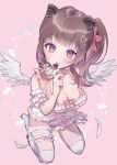  1girl animal_ear_piercing babydoll blunt_bangs blush bow breasts brown_hair candy capybara_ears cleavage closed_mouth commentary_request earrings feathered_wings feathers flower food frilled_babydoll frilled_shorts frills full_body hair_ornament hairclip heart heart_hair_ornament heart_lollipop high_side_ponytail highres holding holding_candy holding_food holding_lollipop jewelry kuzuhana large_breasts lollipop long_hair looking_at_viewer medium_bangs nanashi_inc. pink_background pink_bow pink_eyes pink_shorts seiza shaped_lollipop shorts sidelocks sitting smile solo stud_earrings thigh_strap thighhighs virtual_youtuber white_babydoll white_thighhighs white_wings wings yunohara_izumi 