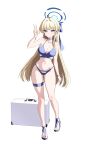  1girl absurdres arm_up blonde_hair blue_archive blue_choker blue_eyes breasts briefcase choker closed_mouth earpiece full_body halo highres long_hair looking_at_viewer medium_breasts microphone multicolored_hair navel sandals schwarz_rubin simple_background solo stomach streaked_hair thighs toki_(blue_archive) v very_long_hair watch white_background wristwatch 