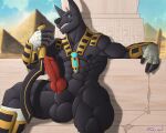  2023 5_fingers abs akar_(tanrowolf) animal_genitalia animal_penis anthro anubian_jackal armor athletic athletic_anthro athletic_male balls black_body black_fur black_nose bracers canid canine canine_genitalia canine_penis canis digital_media_(artwork) egyptian erection fingers fur genitals grin hair hand_wraps hi_res hieroglyphics humanoid_hands jackal khopesh knot leg_wraps male mammal melee_weapon mostly_nude muscular muscular_anthro muscular_male navel nipples nude penis saruuk sheath signature smile solo sword teeth weapon wraps 