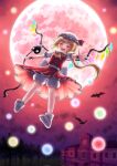  1girl ascot blonde_hair fangs flandre_scarlet frills hat highres laevatein_(touhou) mob_cap moon multicolored_wings nene_man open_mouth outstretched_arm red_eyes red_skirt skirt solo touhou wings 