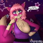  4k 9:16 anthro big_breasts blush breasts canid canine canis clothed clothing digital_media_(artwork) female fur hair hi_res looking_at_viewer mammal onetruefanatyk pusia simple_background smile solo tail text 