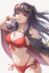  1girl bikini black_hair blunt_bangs breasts cape fire_emblem fire_emblem_awakening fire_emblem_heroes floating_hair flower flower_bracelet hair_flower hair_ornament large_breasts long_hair navel official_alternate_costume parted_lips pink_nails red_bikini red_flower simple_background solo stomach swimsuit ten_(tenchan_man) tharja_(fire_emblem) tharja_(summer)_(fire_emblem) tiara two-sided_cape two-sided_fabric white_background yellow_eyes 