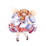  1girl :d ascot black_footwear blue_eyes dress fairy full_body game_cg highres long_hair looking_at_viewer open_clothes orange_hair pointing red_dress rotte_(1109) simple_background smile socks solo sunny_milk third-party_source touhou touhou_lost_word two_side_up very_long_hair white_background white_socks wings yellow_ascot 