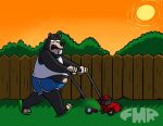  anthro bear black_body black_fur blue_bottomwear blue_clothing blue_seam_shirt blue_seam_tank_top blue_shorts bodily_fluids bottomwear clothing exercise fence footwear foxmanad fur green_clothing green_footwear green_grass green_sandals green_trees heat_(disambiguation) lawn_mower male mammal mowing_lawn navel open_mouth orange_sky overweight overweight_male sandals shirt shorts solo sun sweat tan_body tan_fur tank_top teeth_showing tongue tongue_out topwear white_clothing white_seam_shorts white_shirt white_topwear wood wood_fence 