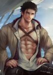  1boy adventurer_(ff14) bara black_hair final_fantasy final_fantasy_xiv final_fantasy_xiv_dawntrail highres hyur male_focus mature_male muscular muscular_male reddjackal scar shirt smile upper_body warrior_of_light_(ff14) 