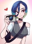  1girl absurdres bare_shoulders blue_hair bob_cut brown_eyes camera crop_top green_hair heart highres holding holding_camera loose_hair_strand maejpg_. midriff multicolored_hair off-shoulder_shirt off_shoulder perrin_(pokemon) photographer pokemon pokemon_(game) pokemon_sv shirt short_hair short_sleeves solo 