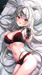  1girl absurdres aiming_at_viewer bare_arms bare_shoulders black_bra black_choker black_panties bra breasts choker cleavage fang frilled_bra frilled_panties frills grey_hair gun hair_ornament hair_spread_out hairclip hand_up handgun heart highres holding holding_gun holding_weapon hololive large_breasts lingerie long_hair looking_at_viewer luna_nyann lying multi-strapped_panties multicolored_hair navel on_back open_mouth outstretched_arm panties red_eyes revision sakamata_chloe smile solo stomach streaked_hair thighs underwear underwear_only very_long_hair virtual_youtuber weapon x_hair_ornament 