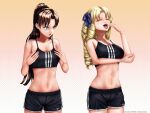  2girls :d :o black_bra black_buruma blonde_hair blue_bow blue_eyes bow bra breasts brown_hair buruma closed_eyes collarbone drill_hair fate/hollow_ataraxia fate/stay_night fate_(series) hair_bow highres large_breasts laughing long_hair luviagelita_edelfelt medium_support_(meme) meme midriff multiple_girls navel otakuotaco pixiv_id ponytail small_breasts smile tohsaka_rin twitter_username underwear 