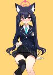  1girl :o animal_ear_fluff animal_ears bike_shorts black_hair blazer blue_archive blue_necktie blush bow cat_ears cat_girl clothes_lift collared_shirt commentary embarrassed extra_ears hair_between_eyes hair_bow hair_ribbon halo id_card jacket knee_pads knees_together_feet_apart lifted_by_self long_hair long_sleeves looking_at_viewer nanju_bami necktie plaid plaid_skirt pleated_skirt red_eyes ribbon school_uniform serika_(blue_archive) shirt sidelocks simple_background single_knee_pad sitting skirt skirt_lift solo twintails yellow_background 