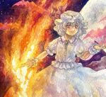  1girl absurdres amulet bat_(animal) copyright_name fire frilled_sleeves frills hat highres holding_flame looking_at_viewer mob_cap moon night remilia_scarlet shiroma_(mamiko) short_sleeves touhou 