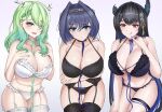  3girls :q absurdres antlers arms_under_breasts black_bra black_garter_belt black_hair black_panties black_thighhighs blue_bow blue_eyes blue_hair blue_nails blue_ribbon bow bow_panties bra braid breasts broken_horn brulee ceres_fauna chain_headband collarbone colored_inner_hair crossed_arms garter_belt garter_straps green_hair green_nails green_ribbon hair_between_eyes hair_ornament hands_on_own_chest highres hololive horns large_breasts long_hair mole mole_under_eye multicolored_hair multiple_girls navel neck_ribbon nerissa_ravencroft ouro_kronii panties purple_eyes ribbon ribbon_between_breasts short_hair thigh_strap thighhighs tongue tongue_out twitter_username underwear very_long_hair white_bra white_garter_straps white_panties white_thighhighs 