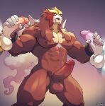  abs anthro balls barazoku biceps big_muscles big_pecs brown_body brown_fur cuffs_(clothing) digital_media_(artwork) disembodied_penis entei fur generation_2_pokemon genitals hair hand_on_penis hi_res humanoid_genitalia humanoid_penis legendary_pokemon looking_at_viewer male mammal muscular muscular_anthro muscular_male nintendo nipples nude open_mouth pecs penis pokemon pokemon_(species) raikou red_eyes simple_background solo suicune voviat 