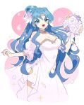  1girl blue_hair blush_stickers bouquet breasts detached_collar detached_sleeves dress earrings eyelashes flower highres holding holding_bouquet jewelry kashima_miyako large_breasts long_hair madou_monogatari petals puyopuyo rulue_(puyopuyo) solo very_long_hair wedding_dress white_dress white_flower white_petals 