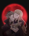  ange_(princess_principal) arm_cuffs black_cape black_gloves blonde_hair brown_hair cape closed_eyes gloves hand_on_another&#039;s_shoulder highres imminent_bite long_hair long_sleeves moon princess_(princess_principal) princess_principal red_eyes red_moon short_hair vampire xin_(blueramen) yuri 