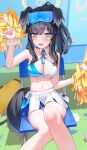  1girl absurdres animal_ears bare_shoulders black_hair blue_archive blue_eyes blush breasts cheerleader cleavage crop_top dog_ears dog_girl dog_tail eyewear_on_head halo hibiki_(blue_archive) hibiki_(cheerleader)_(blue_archive) highres holding holding_pom_poms long_hair looking_at_viewer midriff miniskirt murabana44 navel official_alternate_costume open_mouth pleated_skirt pom_pom_(cheerleading) ponytail sitting skindentation skirt solo star_sticker sticker_on_face sweat tail thighs tongue tongue_out white_skirt yellow_halo 