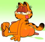  anthro belly big_belly big_butt blush body_blush bomkragg butt butt_blush cheek_blush clothing digital_drawing_(artwork) digital_media_(artwork) dipstick_tail domestic_cat eyelashes feet felid feline felis footwear garfield_(series) garfield_the_cat half-closed_eyes looking_at_viewer looking_back looking_back_at_viewer male mammal markings narrowed_eyes orange_body overweight overweight_male pink_nose round_ears sandals simple_background sitting smile solo striped_markings stripes tail tail_markings toes tongue tongue_out 