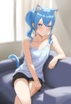  1girl absurdres animal_ear_fluff animal_ears black_shorts blue_eyes blue_hair camisole cat_ears cat_tail closed_mouth collarbone couch crossed_legs diptip highres hololive hoshimachi_suisei looking_at_viewer short_shorts shorts side_ponytail sitting solo star_(symbol) star_in_eye symbol_in_eye tail v-shaped_eyebrows virtual_youtuber window 