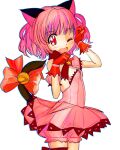 1girl ;d animal_ears bell black_tail bloomers bow bow_choker breasts cat_ears cat_girl cat_tail choker cleavage cowboy_shot detached_sleeves dress fang gloves hands_up highres jingle_bell legs_together magical_girl mew_ichigo momomiya_ichigo one_eye_closed open_mouth paw_pose pink_bloomers pink_dress pink_hair pink_sleeves puffy_short_sleeves puffy_sleeves red_bow red_choker red_eyes red_gloves red_pupils short_hair short_sleeves simple_background skin_fang small_breasts smile solo standing strapless strapless_dress tail tail_bell tail_bow tail_ornament tail_raised tokyo_mew_mew tsukiyono_aroe underwear white_background 