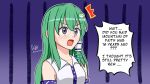  1girl ^^^ absurdres alternate_eye_color collared_shirt commentary dekapm0048 english_commentary english_text frog_hair_ornament gloom_(expression) green_hair grey_eyes hair_ornament highres kochiya_sanae long_hair looking_afar medium_bangs meme open_mouth purple_background retro_games_sanae_(meme) shirt sidelocks signature single_hair_tube sleeveless sleeveless_shirt snake_hair_ornament solo surprised touhou twitter_username typo upper_body white_shirt 