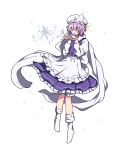  1girl apron blue_skirt blue_vest closed_eyes frilled_apron frilled_skirt frills full_body hat letty_whiterock light_purple_hair long_sleeves parted_lips scarf shishi_osamu short_hair simple_background skirt snowflakes socks solo touhou vest waist_apron white_apron white_background white_headwear white_scarf white_socks 