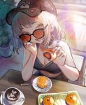  1girl :d bad_id blonde_hair breasts brown_eyes canking cleavage coffee cup earrings hat highres jewelry looking_at_viewer mooncake original plant potted_plant purple_hair saucer short_hair smile solo spoon sports_bra sunglasses teacup teeth 