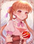  1girl ann_halford apple artist_name braid breasts brooch brown_hair cleavage food fruit jewelry long_hair naomi_(fantasia) puffy_short_sleeves puffy_sleeves red_eyes short_sleeves small_breasts solo sugar_apple_fairy_tale twintails upper_body 