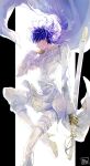  1other absurdres androgynous black_border blue_eyes blue_hair border cape commentary_request high_heels highres houseki_no_kuni itabasami medium_hair military_uniform phosphophyllite_(ll) profile sheath sheathed shoes simple_background smile solo sword uniform weapon white_background 