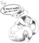  anthro big_tobacco_(character) black_and_white clothed clothing crocodile crocodilian crocodylid dialogue diaper diaper_only english_text eyebrows half-closed_eyes hi_res holding_diaper holding_object looking_at_viewer male monochrome narrowed_eyes raised_eyebrows reptile scalie shaded signature simple_background sly_chestnut smug solo speech_bubble stylized talking_to_viewer tape teeth text topless touching_diaper wearing_diaper white_background 