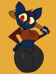  2023 absurd_res anthro big_breasts bottomwear breasts buxy clothed clothing digital_drawing_(artwork) digital_media_(artwork) domestic_cat felid feline felis female fur hair hi_res holding_baseball_bat looking_at_viewer mae_borowski mammal navel night_in_the_woods notched_ear red_eyes simple_background slightly_chubby slightly_chubby_anthro slightly_chubby_female solo thick_thighs topwear 