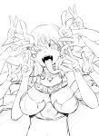  1girl breasts double_v earrings extra_arms fangs fate/grand_order fate_(series) fingernails highres jewelry kali_(fate) large_breasts long_hair long_tongue matatabi_(2ccp) monochrome one_eye_closed open_mouth sketch third_eye tongue v 