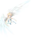  1girl angel angel_wings aqua_ribbon ascot bare_shoulders blonde_hair blue_bow blue_eyes blue_footwear blue_ribbon bow closed_mouth detached_sleeves feathered_wings feathers foreshortening frilled_skirt frills full_body fuyutsuki_tomo half_updo hand_up highres holding holding_feather leg_ribbon long_hair long_sleeves looking_at_viewer miniskirt official_art pleated_skirt ribbon shirayuki_noa shirt sidelocks simple_background skirt sleeveless sleeveless_shirt smile solo straight_hair tenshi_souzou thighhighs transparent_background two_side_up very_long_hair white_ascot white_feathers white_shirt white_skirt white_sleeves white_thighhighs white_wings wide_sleeves wing_hair_ornament wings zettai_ryouiki 