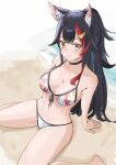  1girl :3 absurdres animal_ear_fluff animal_ears arm_support bare_legs barefoot beach bikini black_choker black_hair blush breasts choker cleavage closed_mouth commentary feet_out_of_frame from_above hair_ornament highres hiragi_1014 hololive leaf_print leaning_back long_hair looking_at_viewer maple_leaf_print medium_breasts multicolored_hair navel no_tail official_alternate_costume ookami_mio ookami_mio_(summer_vacation) orange_eyes ponytail print_bikini red_hair sitting smile solo stomach string_bikini swimsuit two-tone_hair virtual_youtuber wariza white_bikini wolf_ears 
