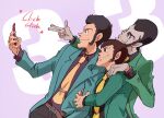  1boy arm_hug arsene_lupin_iii belt black_eyes black_pants black_shirt bright_pupils brown_belt collared_shirt dutch_angle finger_gun fingernails green_jacket hand_hair hand_on_another&#039;s_shoulder holding holding_phone jacket knuckle_hair long_sideburns long_sleeves lupin_iii lupin_the_third:_mine_fujiko_to_iu_onna male_focus multiple_persona necktie nowit7hotter pants phone purple_background selfie shirt short_hair sideburns sideburns_stubble smile white_pupils yellow_necktie 