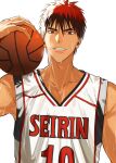 1boy ball basketball_(object) basketball_uniform clenched_teeth collarbone fingernails highres holding holding_ball jersey kagami_taiga kuroko_no_basuke looking_at_viewer male_focus mirin_(coene65) red_eyes simple_background solo sportswear sweat teeth toned toned_male white_background 