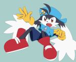  1boy blue_background blue_headwear blue_shirt furry furry_male gloves kaze_no_klonoa klonoa koke_ojisan lowres open_mouth orange_eyes pinky_(pacman) red_footwear shirt solo yellow_gloves 